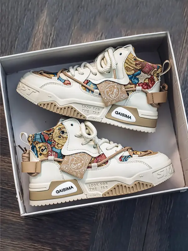 Men's Fashionable Cartoon Bear Pattern High Top Skate Shoes, Casual Trainer for Boy, Comfortable Breathable Sports Shoes for ...