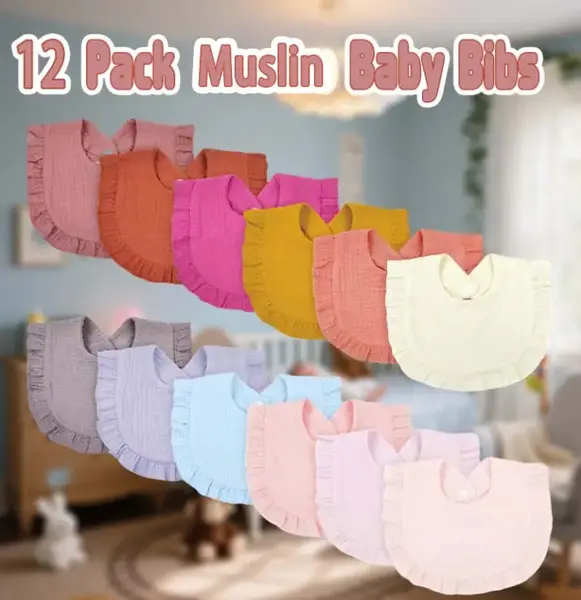 12 Pack Muslin Baby Bibs Soft Organic Cotton Unisex Gift for Newborns & Infants Ultra Absorbent 4 Layer Construction Adjustab...