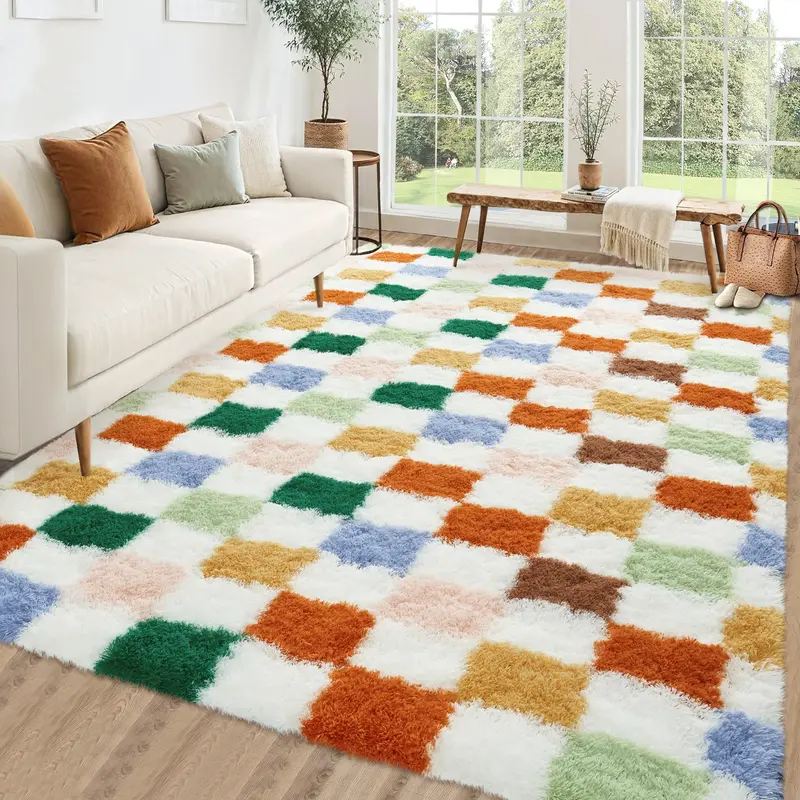 Garvee Large Area Rugs 10x13 Plush Fuzzy Rugs for Living Room,Colorful Checkered Rug Shag Rug for Bedroom, Modern Plush Soft ...