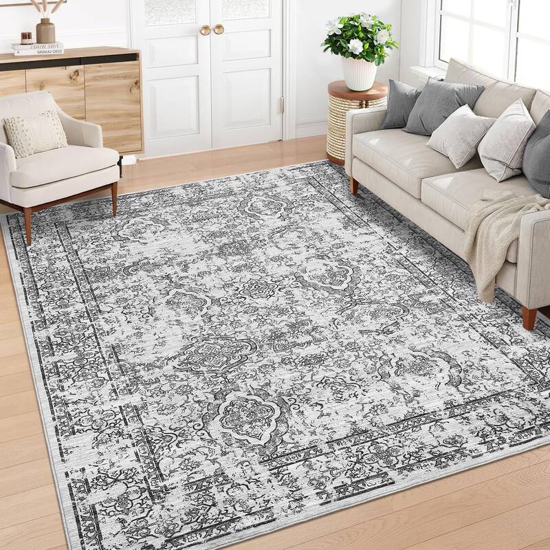Garvee Washable Rugs Grey 8x10 Area Rug for Living Room Vintage Rugs for Bedroom Indoor Floral Oriental Large Rug Soft Non Sh...