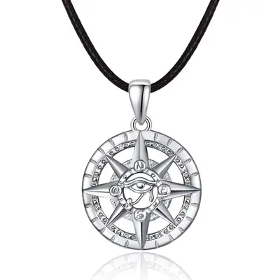 Sterling Silver Compass & Eye of Horus Pendant Necklace for Men