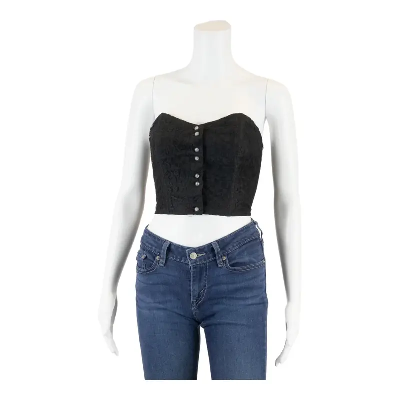 Lace Corset Cropped Top Black V-Neck Sleeveless Womens S
