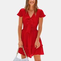 PrettyGarden Women Summer Casual V Neck Short Sleeve Tiered Bow Mini Sun Dress for Beach Vacation in Beachy Blue- Womenswear
