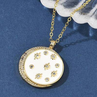 Brass Micro Pave Clear Cubic Zirconia Enamel Flat Round Moon Pendant Necklaces for Women