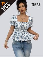 Women's Ditsy Floral Print Shirred Fitted Blouse, Boho Fashion Casual Short Sleeve Top for Daily Holiday Vacation Wear, Ladie...