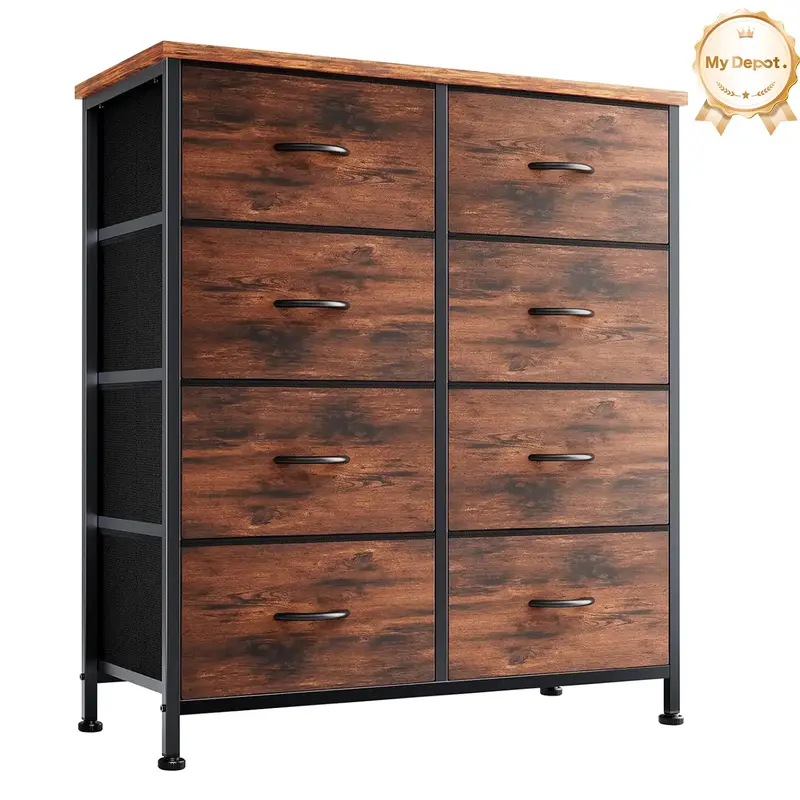 8-Drawer Fabric Storage Tower Dresser - Tall Organizer with Steel Frame, Wood Top, Chest of Drawers with Bins for Bedroom, Cl...