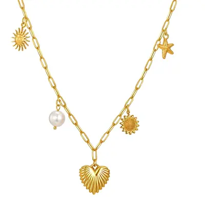 Sterling Silver with Yellow Gold Plated Pearl Angel Wing Heart Star & Sun Pendant Necklace