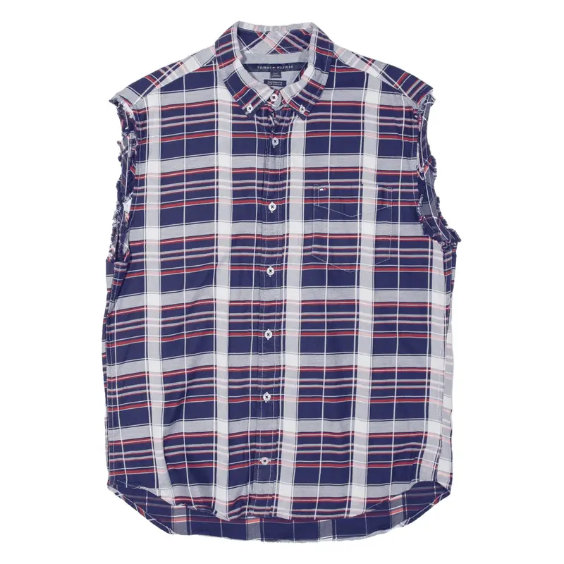 TOMMY HILFIGER Cut Off Sleeves Shirt Blue Plaid Sleeveless Mens L