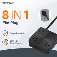 TESSAN Flat Plug Surge Protector Power Strip, 30W Fast Charging Station, 5FT Flat Extension Cord with 4 Outlets & 4 USB C, Wa...