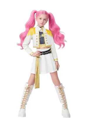 Girls' K-Pop Mira Inspired Halloween Costume Set, Short Sleeve Crop Top & Skirt, Fitted Design for All Seasons