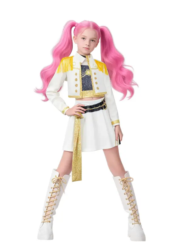 Girls' K-Pop Mira Inspired Halloween Costume Set, Short Sleeve Crop Top & Skirt, Fitted Design for All Seasons