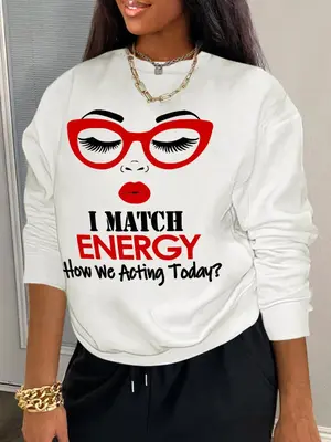 Women's Letter & Figure Face Print Drop Shoulder Sweatshirt, Casual Long Sleeve Round Neck Pullover for Daily Wear, Ladies Cl...