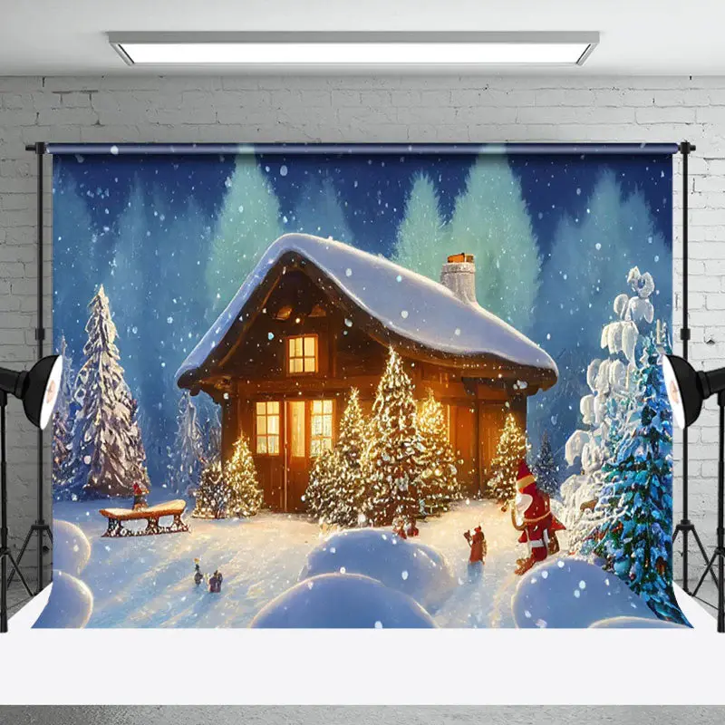 Aperturee Fairy Tale Snow Wild Forest Cabin Christmas Backdrop - Aperturee