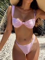 Two-Piece Set Women's Solid Color Bowknot Design Bikini Set, High Stretch Casual Comfy Wide Strap Backless Swim Top & High Cu...
