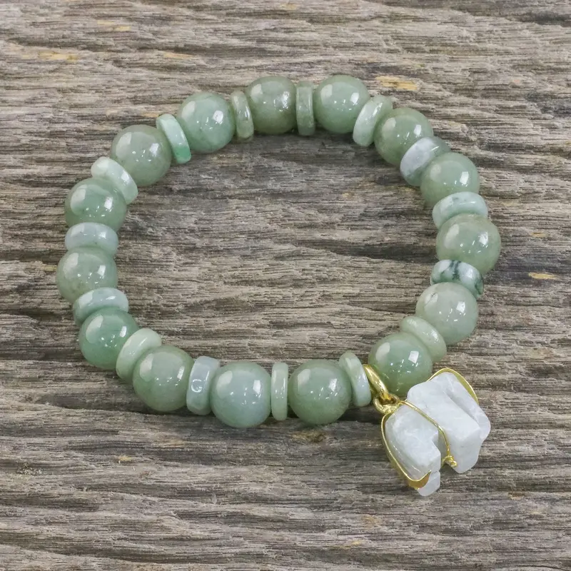 NOVICA Jade Elephant Gold Plated Beaded Bracelet