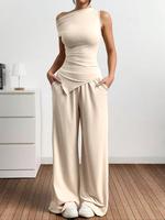 Women's Solid Color Top & Wide Leg Pants Two-piece Set, Casual Fashion Cozy Sleeveless Top & Trousers for Daily Outdoor Wear,...