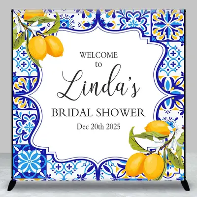 Blue White Lemon Custom Name Bridal Shower Backdrop - Aperturee