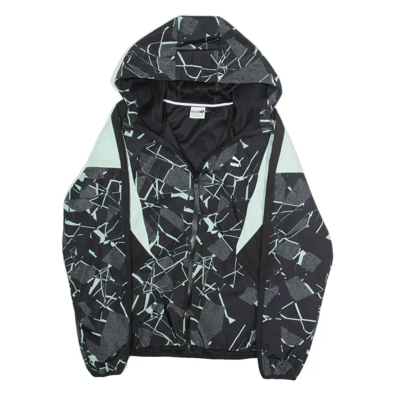 PUMA Womens Rain Jacket Black Hooded Crazy Pattern M