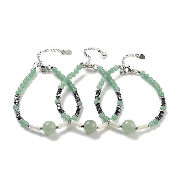 Natural Green Aventurine Round & Synthetic Non-magnetic Hematite & White Shell Beaded Bracelets for Women