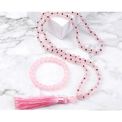 Natural Rose Quartz Round Beaded Pendant Necklaces & Bracelets Sets