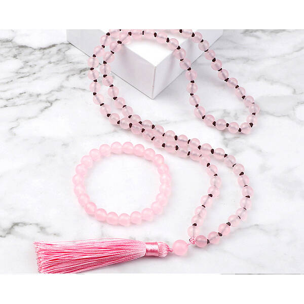 Natural Rose Quartz Round Beaded Pendant Necklaces & Bracelets Sets