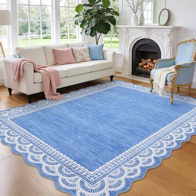 Garvee 10x13 Scalloped Lace Area Rug Blue Living Room Rug, Non Slip Washable Rugs Stain Resistant Soft Carpet Farmhouse Home ...