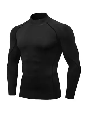 Men's Solid Long Sleeve Mock Neck Sports Tee, Quick Drying Breathable Raglan Sleeve T-shirt, Casual Sporty Top for Spring & F...