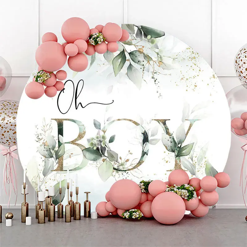 Aperturee Oh Boy Boho Green Leaves Round Baby Shower Backdrop | Circle Background For Party | Custom Round Backdrop | Baby Sh...