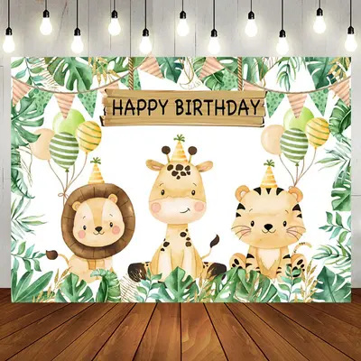 Aperturee Cute Jungle Animals Monstera Happy Birthday Backdrop