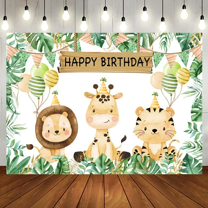 Aperturee Cute Jungle Animals Monstera Happy Birthday Backdrop