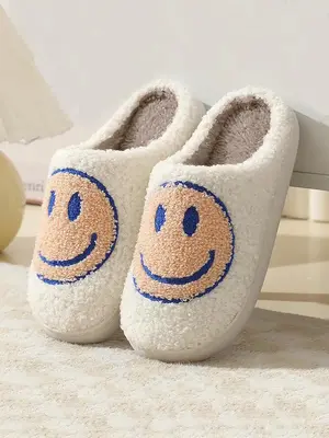 Women's Cute Smile Face Design Plush House Slippers, Warm Bedroom Slippers for Women for Indoor & Outdoor Wear, Silent Anti-s...