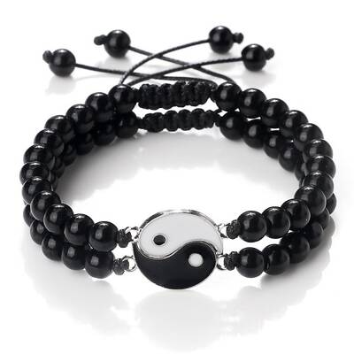 Black and White Yin Yang Non-Magnetic Synthetic Hematite Braided Bracelets