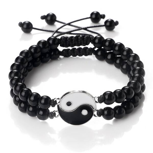 Black and White Yin Yang Non-Magnetic Synthetic Hematite Braided Bracelets