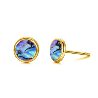 14K Gold Circular Shaped Abalone Shellfish Round Stud Earrings