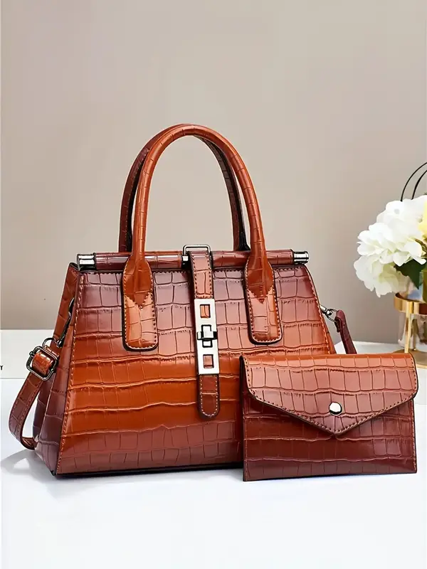 Women's Crocodile Embossed Shoulder Bag & Clutch Purse, 2pcs/set Trendy Ombre Handbag & Small Wallet, Elegant Bag Set for Dai...