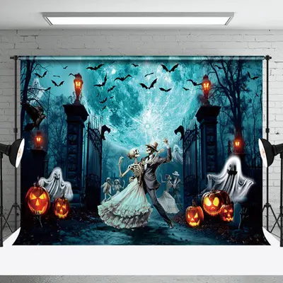 Dancing Skeleton Party Manor Happy Halloween Backdrop