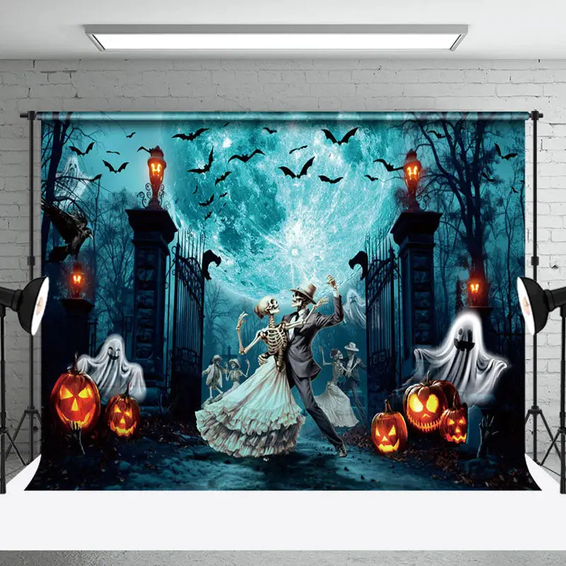 Dancing Skeleton Party Manor Happy Halloween Backdrop