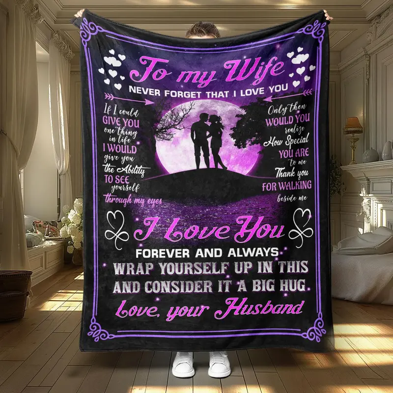 To My Wife Blanket, 1 Count Letter & Heart Pattern Soft Throw Blanket, Air-conditioned Room Blanket, Warm Nap Blanket for Hom...