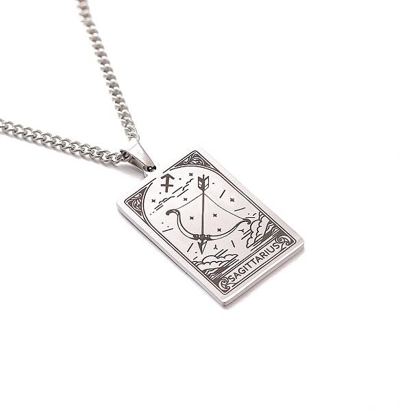 304 Stainless Steel Curb Chain Rectangle with Constellation Pendant Necklaces