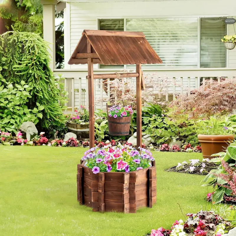 VINGLI Wooden Wishing Well Outdoor Planters, Well Covers for Yard with 2/4 Reinforced Rods, Height Adjustable Hanging Bucket,...