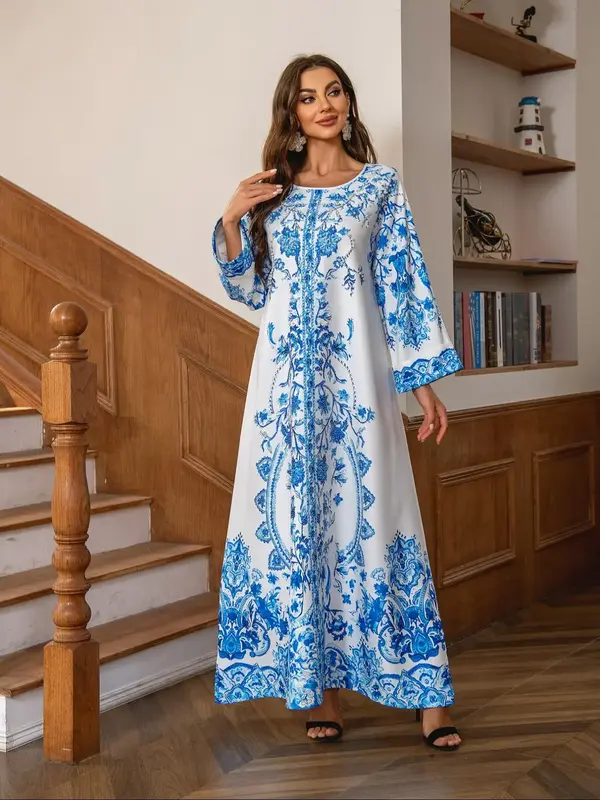 Women's Floral Print Dress, Elegant Long Sleeve Muslim Dress for Party Daily Wear, Ladies Clothes for All Seasons