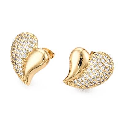 Left and Right Heart Brass Pave Clear Cubic Zirconia Stud Earrings