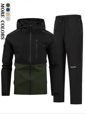 Two-piece Set Men's Patchwork Zip Up Hooded Jacket & Letter Print Elastic Waist Pants, Regular Fit Casual Long Sleeve Drawstr...