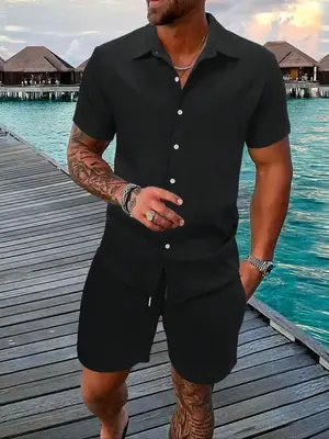 Two-Piece Set Men's Regular Fit Solid Textured Short Sleeve Shirt & Shorts, Casual Summer Set for Men, Mens Clothes for Beach...