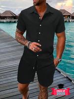 Two-piece Set Men's Regular Fit Solid Textured Short Sleeve Shirt & Shorts, Casual Summer Set for Men, Mens Clothes for Beach...