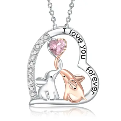 Sterling Silver Two-Tone Circular Zirconia Elephant Pendant Necklace With Engraved Word For Women