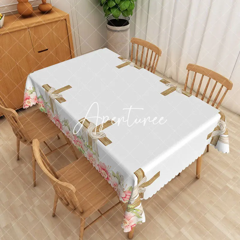 Aperturee Elegant White And Gold Wave Edge Easter Tablecloth, 52 x 70 inch, 30.82 USD, rectangle tablecloths, ZJY04943-A