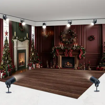 Aperturee Vintage Red Wall Christmas Vibe Room Set Backdrop | Christmas Scenic Backgrounds | Christmas Backgrounds Fireplace ...