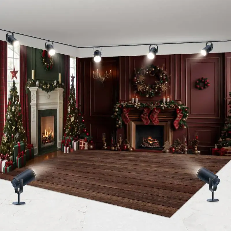 Aperturee Vintage Red Wall Christmas Vibe Room Set Backdrop | Christmas Scenic Backgrounds | Christmas Backgrounds Fireplace ...
