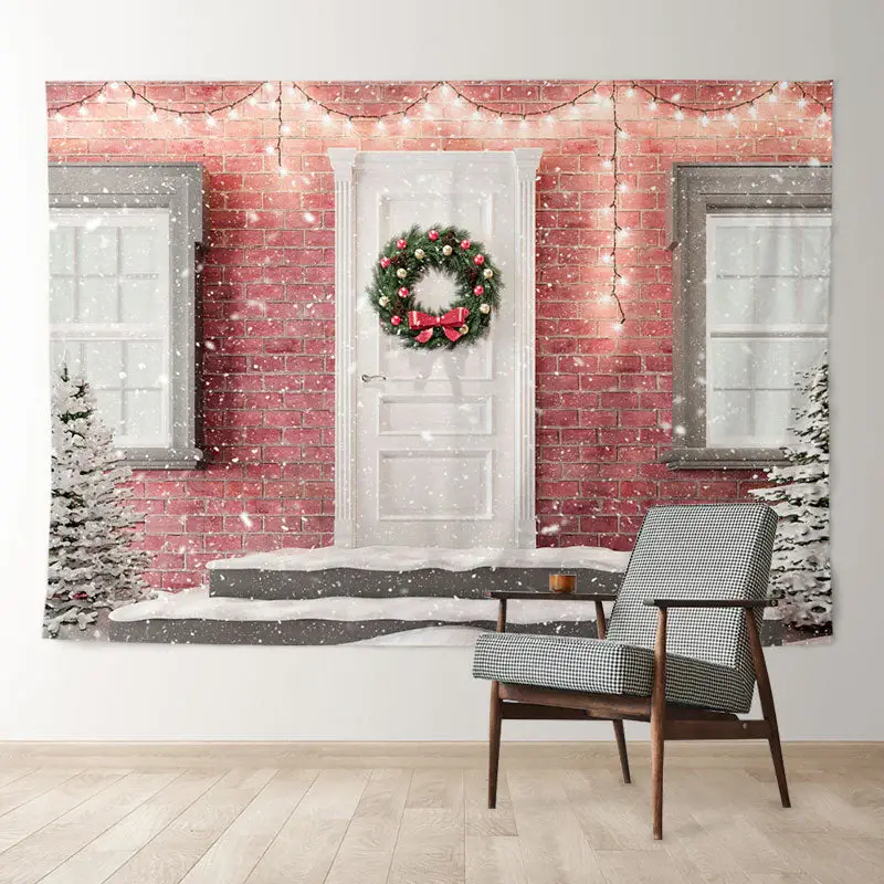 Aperturee Pink Brick White Door Snowing Christmas Backdrop